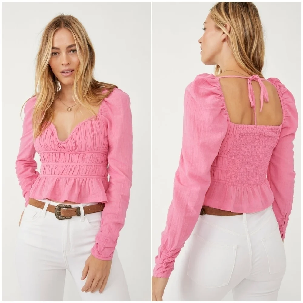 Free People Smocked Sweetheart Neck Long Puff Sleeve Peplum Top
